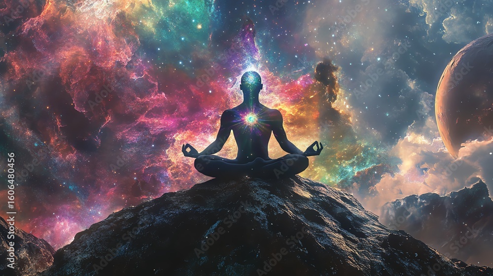 Fototapeta premium Meditative figure surrounded by cosmic colors.