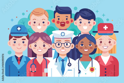 Diverse group of medical workers including doctors and nurses in a cheerful and colorful setting illustrating healthcare teamwork and dedication