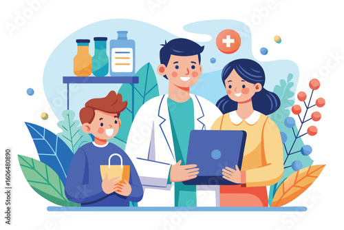 Medical consultation concept involving a doctor, a child, and a parent in a healthcare setting during a routine check-up