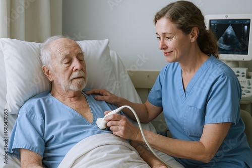 A heart ultrasound scan provides real-time images of cardiac function. A nurse performs an ultrasound exam on an elderly male patient lying in a hospital bed