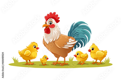 Cute farm animal, father rooster and little yellow chicks,  agricultural bird or poultry,  cock with her chicks, happy father rooster walking with her cute little chicks