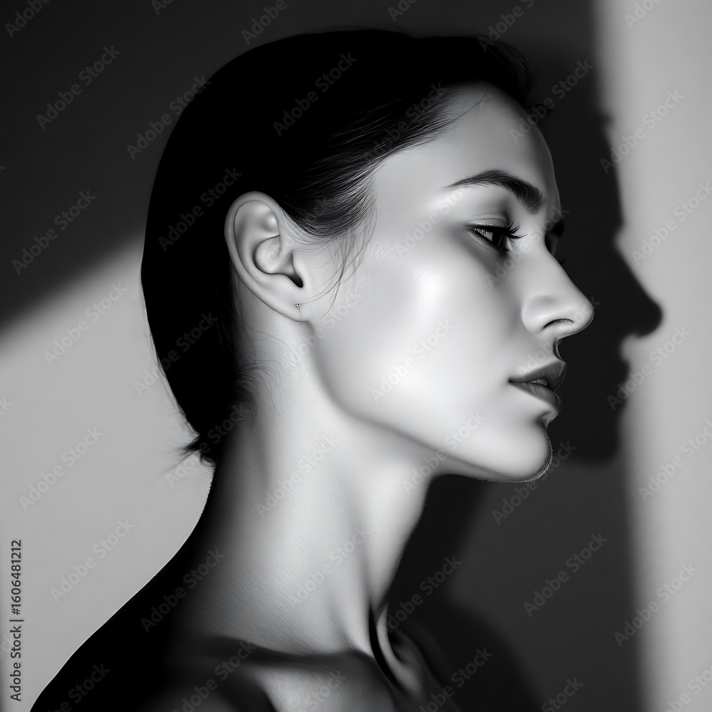 Fototapeta premium Dramatic black and white portrait of a woman with strong shadow