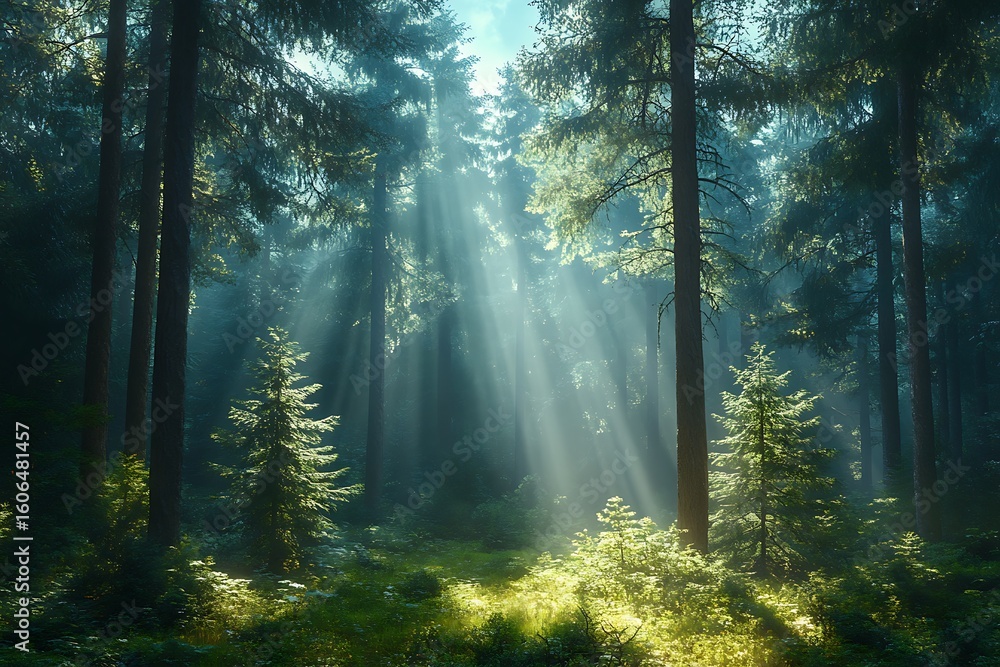 Obraz premium Sunbeams in a Dense Pine Forest