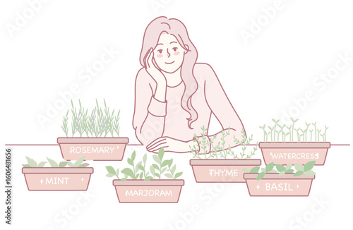 A woman enjoys tending her collection of herbs in small pots, symbolizing the joy of home gardening