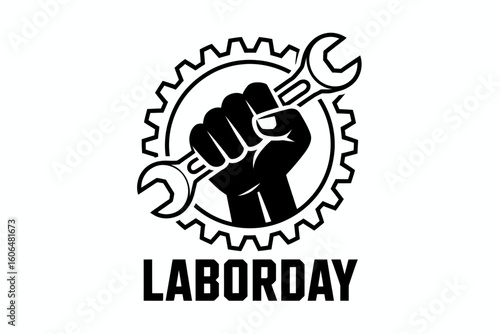 Clenched fist holding wrench within gear labor day