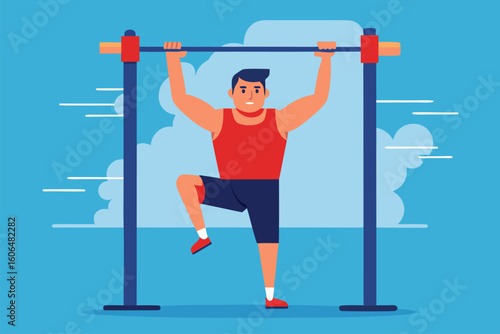 Man performing pull up exercise on a fitness bar in an outdoor training environment during daytime showcasing strength and determination