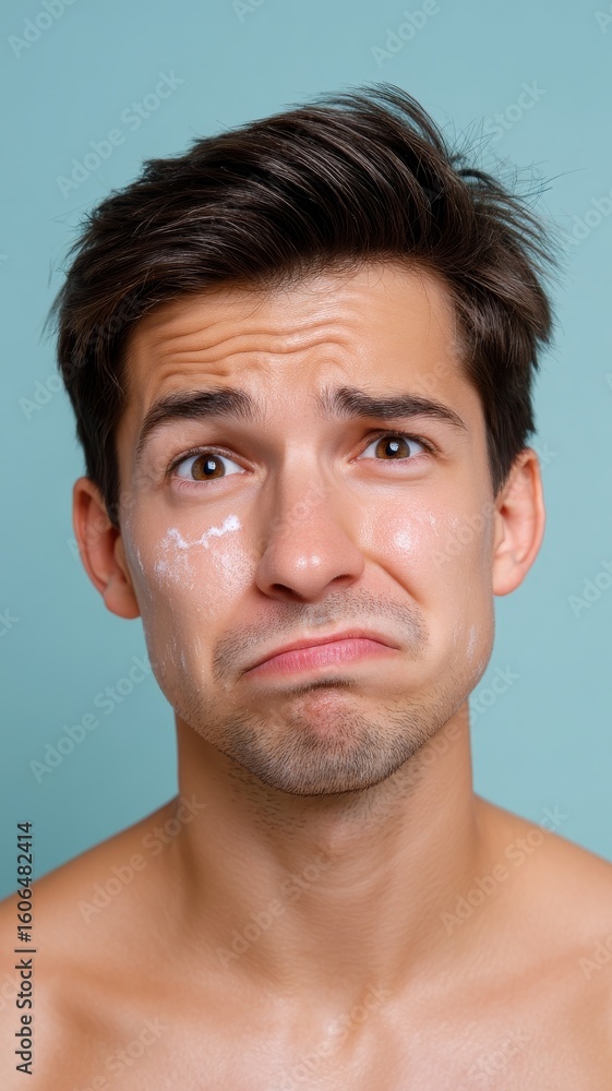 Obraz premium European Man with Makeup Stains Looking Disappointed Against a Teal Background