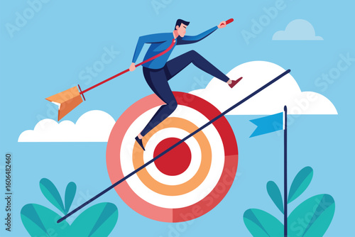 Man vaulting over a target in a colorful illustration representing achieving goals and overcoming challenges in a dynamic environment