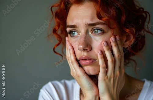 Upset woman portrait with copy space. Woman in big stress with pain emotion on her face.  Red curly hair girl with hands over her face. Hidden depression. Banner for psychological clinic. 