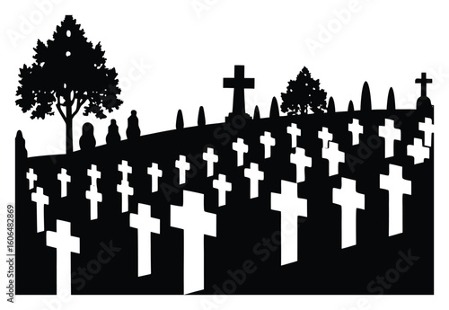 Cemetery Silhouette with Crosses and Trees in a Black and White Scene Symbolic of Remembrance and Memorials