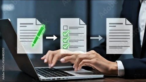 Business professional using a laptop with digital documents and a glowing pen symbolizing electronic signature and document management