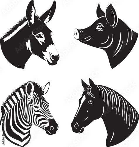 Donkey pig zebra horse heads animal heads
