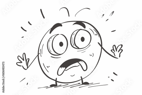 Cartoon character with a scared expression outlined in black and white showing fear and shock with wide eyes mouth open and arms raised in a
