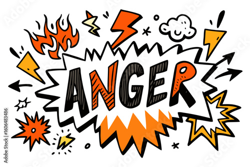 Hand drawn illustration of the word ANGER surrounded by flames lightning bolts and other symbols of intense emotion on a white background expressive and bold