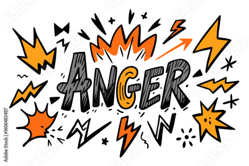 Expressive hand drawn lettering of the word ANGER surrounded by lightning bolts explosions and abstract shapes conveying a sense of frustration emotional outburst and intense