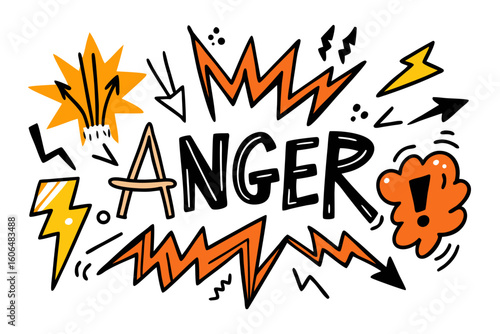Anger word illustration with hand drawn style featuring lightning bolts arrows and explosion elements symbolizing frustration aggression and emotional outburst on a white background