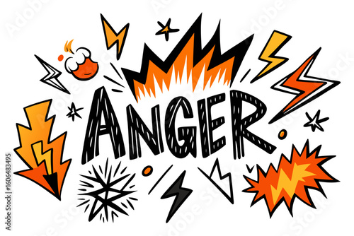 Cartoon illustration of the word ANGER surrounded by lightning bolts stars and explosions A vector graphic with a hand drawn feel perfect for expressing strong