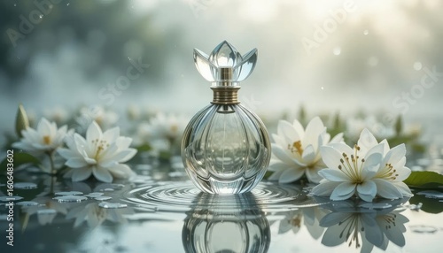 Elegant perfume bottle with water lilies and water droplets.