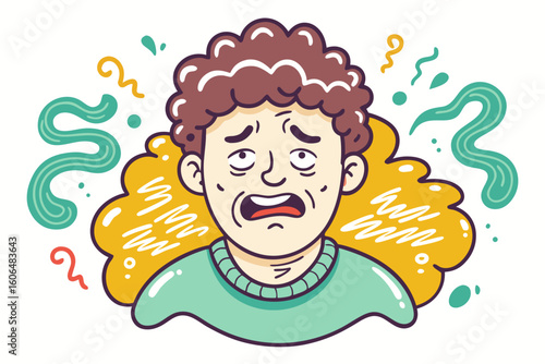 Cartoon illustration of a man with an anxious and worried expression surrounded by swirling shapes and colors conveying stress anxiety or mental health challenges