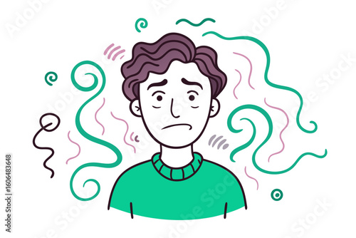 Cartoon illustration of a sad or anxious young man with swirling lines around his head representing stress confusion or mental health issues on a white
