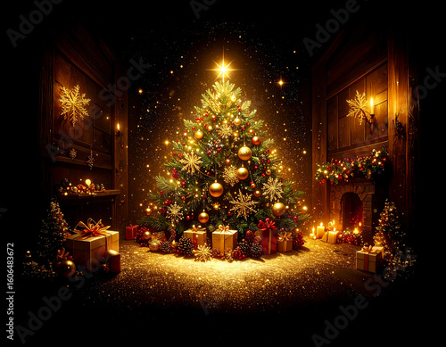 Golden Christmas tree illustration on dark background with many decorative branches, decorations, stars..
