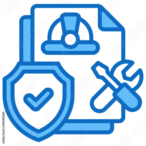 Protected Manual Blue Fill Outline Icon Vector Design - Tools and helmet document with shield, symbolizing safety-approved procedures and secure operations