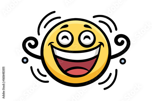 Cartoon Emoji Character Laughing Hysterically with Curly Lines and Motion Lines Isolated on White Background Expressing Joy Happiness and Overwhelming Amusement in a Playful Style