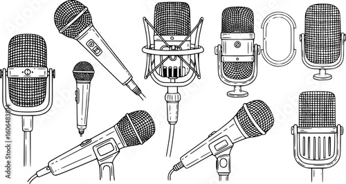 multiple microphones of different designs, black and white, vector illustration