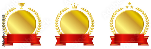 月桂樹と王冠の花輪セット。賞、業績、トロフィー、賞受賞者、花輪と王冠のバッジ