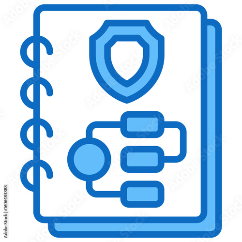 Safety Handbook Blue Fill Outline Icon Vector Design - Spiral handbook with flowchart and shield, symbolizing organized safety protocols and training modules