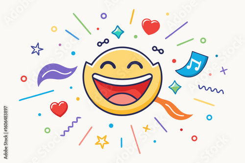 Cheerful Emoji Surrounded by Colorful Confetti and Shapes Representing Joy Celebration and a Positive Attitude in a Playful and Vibrant Design Perfect for Social Media