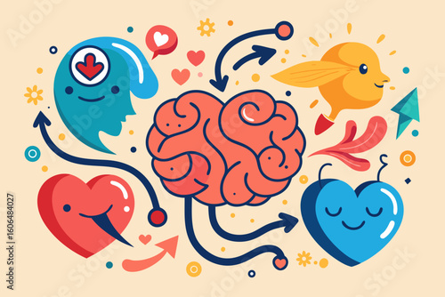 Illustration of emotional intelligence and mental health featuring a brain connected to hearts a head and a bird symbolizing different aspects of emotional well being