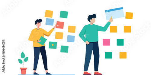 Creative Marketer Planning Strategy on Sticky Notes Board – Business Strategy, Brainstorming Ideas, Project Planning, Office Workflow, Modern Marketing Concept Vector Illustration