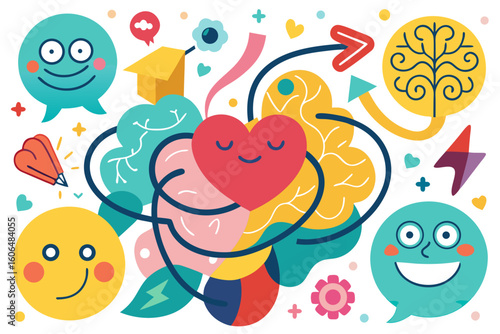 Mental health concept with heart and brain illustration representing emotional intelligence cognitive function and overall well being using colorful and playful design elements