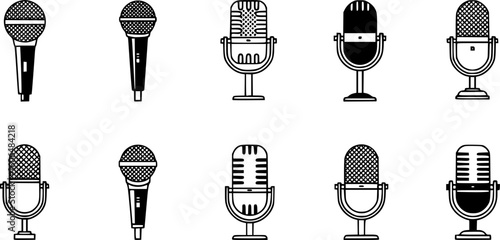 multiple microphones of different designs, black and white, vector illustration