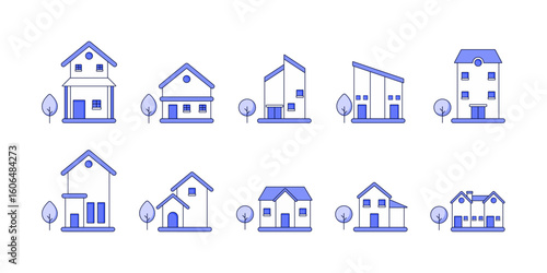Set of Real estate business concept with houses, Set of urban and suburban houses Vector illustration
