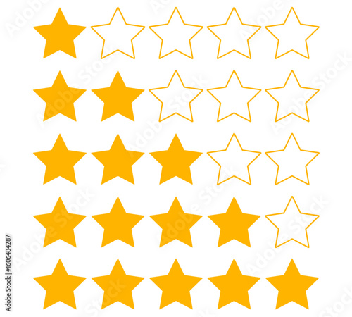 One, Two. Three, Four, Fiver star rating. Product review flat icon for apps and websites. Yellow Stars 
