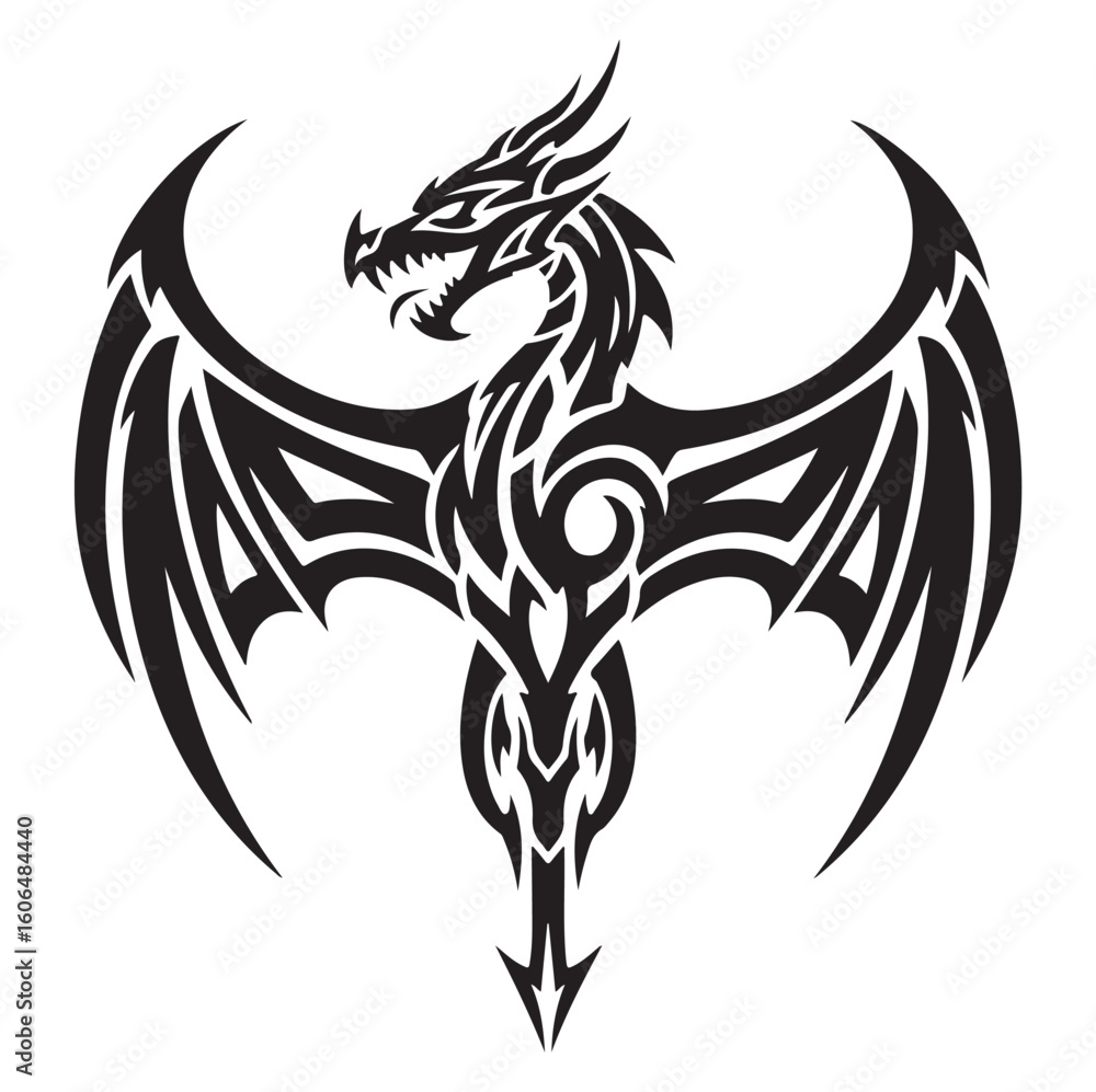 Fototapeta premium Black Tribal Dragon Vector | Tattoo Style Line Art on White, AI generator
