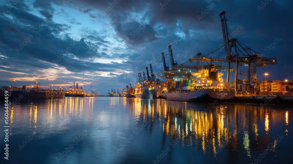 Fototapeta premium Port at dusk, cranes, ships, cargo
