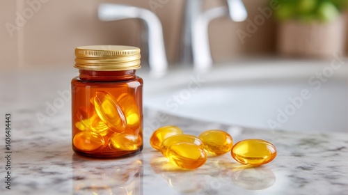 Glass Bottle of Fish Oil Supplements with Golden Capsules on Marble Countertop in Bright Kitchen Setting
