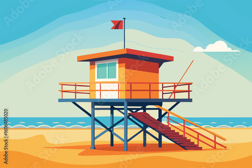 Modern lifeguard tower stands on the beach with a flag fluttering in the breeze under a clear blue sky during daytime, providing safety for beachgoers