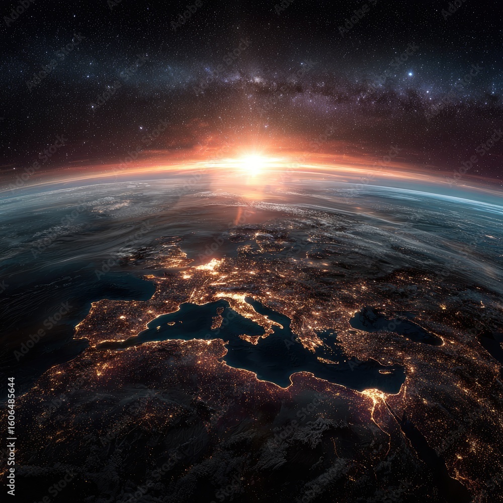 Naklejka premium Earth's sunrise over Europe, detailed view from space, with city lights