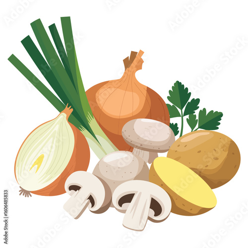 Fresh vegetables including onion mushrooms potato and parsley isolated on white background