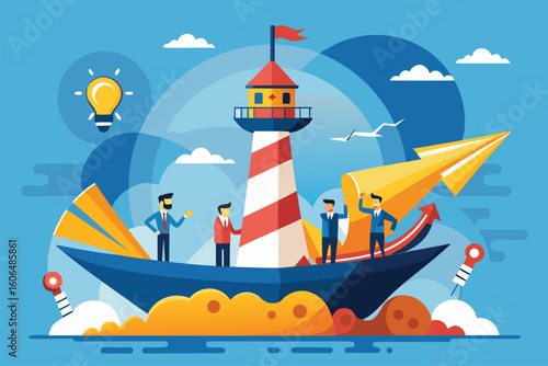 Team of leaders on a boat navigating market challenges with creativity and strategy in a vibrant, stylized harbor setting during daylight