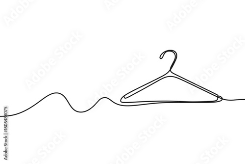 Minimalist single line drawing of a wire clothes hanger with a flowing tail