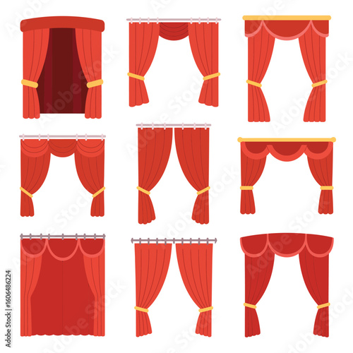 Collection of nine different styles of red theatre curtains and drapes