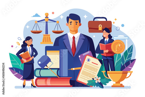 Concept of a law firm showcasing legal professionals, symbols of justice, and legal documents in a modern and colorful illustration