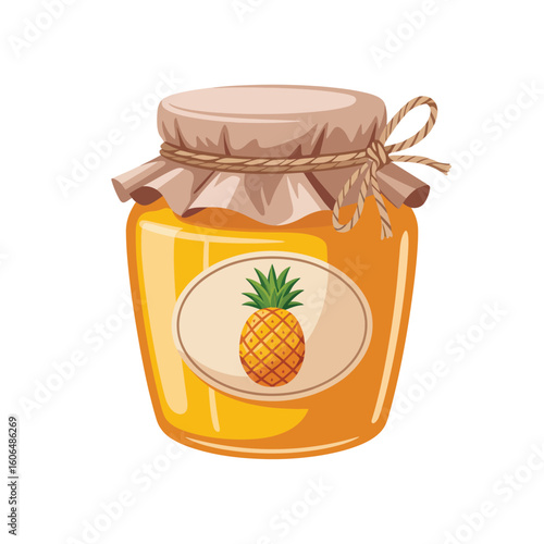 Delicious homemade pineapple jam in a jar with a rustic fabric lid