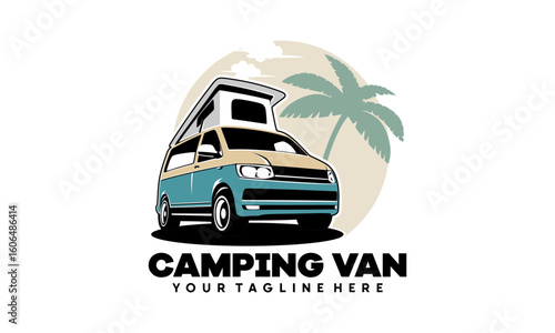 RV camper van classic style logo vector illustration, camper van with pop up - roof top tent illustration logo design