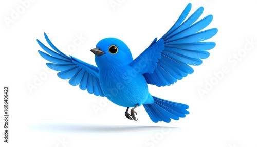Blue bird in flight against white background